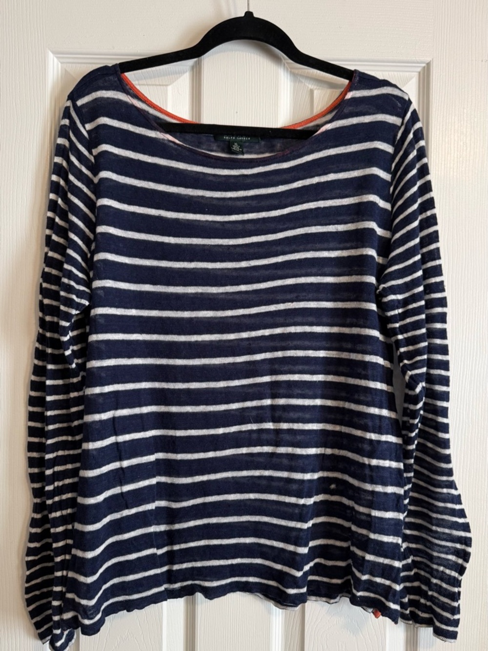 Ralph Lauren Navy and White Striped Linen Top with Orange Trim